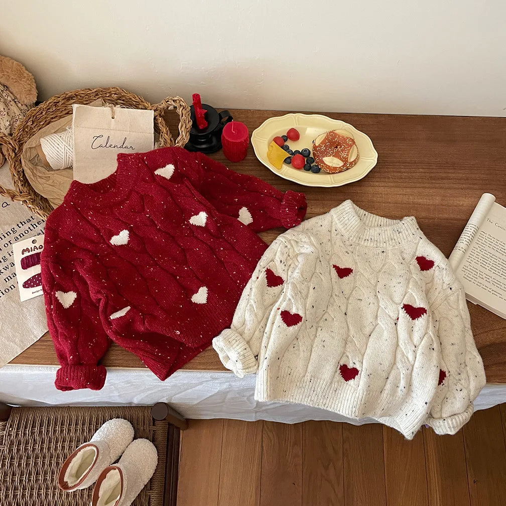 Girls Winter Red Thickened Love Sweater Winter New Baby Girl Korean Style Pullover Sweater Christmas Clothes With Tutu Dress