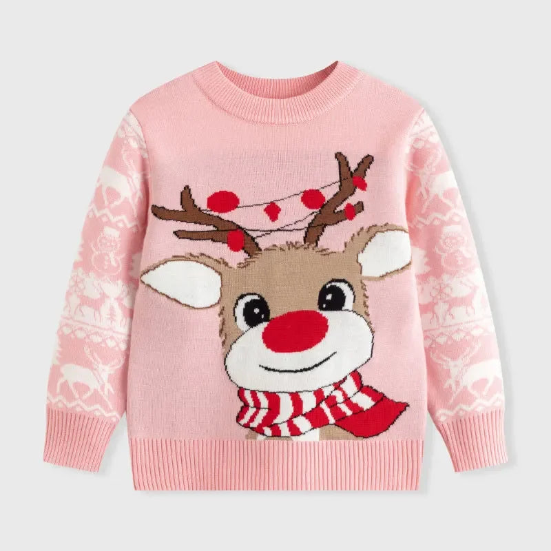 Boys Girls Knit Sweatshirts Xmas Print Pullover Kids Christmas Sweaters Cartoon Deer Clothes Autumn Winter Warm Clothes Knitwear