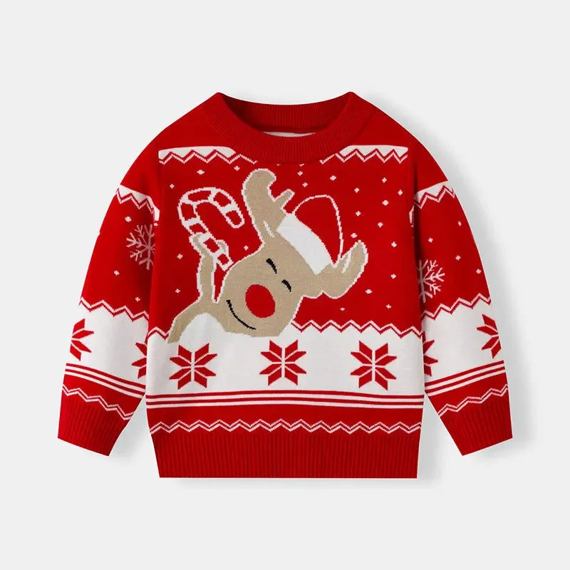 Boys Girls Knit Sweatshirts Xmas Print Pullover Kids Christmas Sweaters Cartoon Deer Clothes Autumn Winter Warm Clothes Knitwear