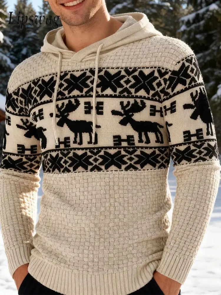 Outdoor Casual Mens Slim Sweater Hoodie Fall Winter Christmas Men Hooded Sweaters Stylish Slim Fit Long Sleeve Knitting Hoodies
