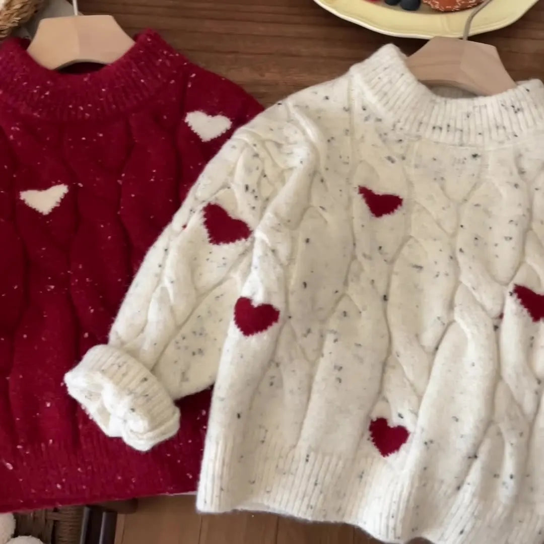 Girls Winter Red Thickened Love Sweater Winter New Baby Girl Korean Style Pullover Sweater Christmas Clothes With Tutu Dress