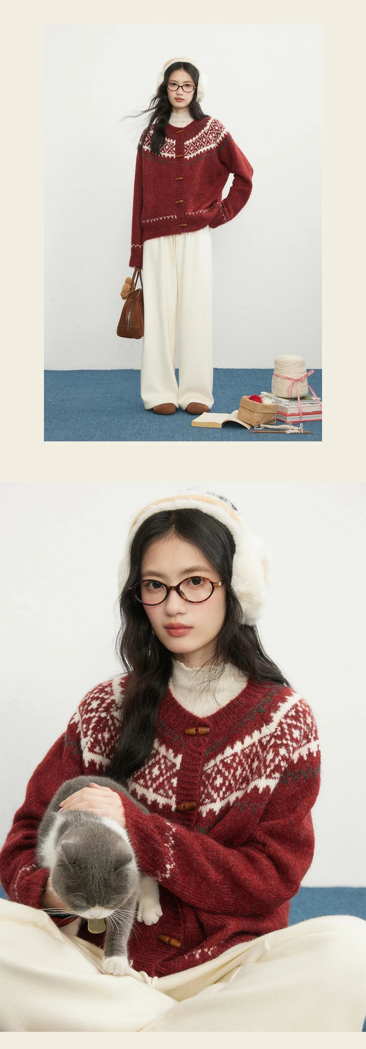 Retro Red Christmas Jacquard Sweater For Women 2025 Autumn/Winter New Collection With Horn Button Design Round Neck Cardigan