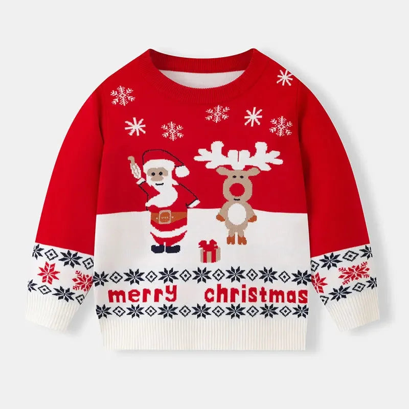 Boys Girls Knit Sweatshirts Xmas Print Pullover Kids Christmas Sweaters Cartoon Deer Clothes Autumn Winter Warm Clothes Knitwear