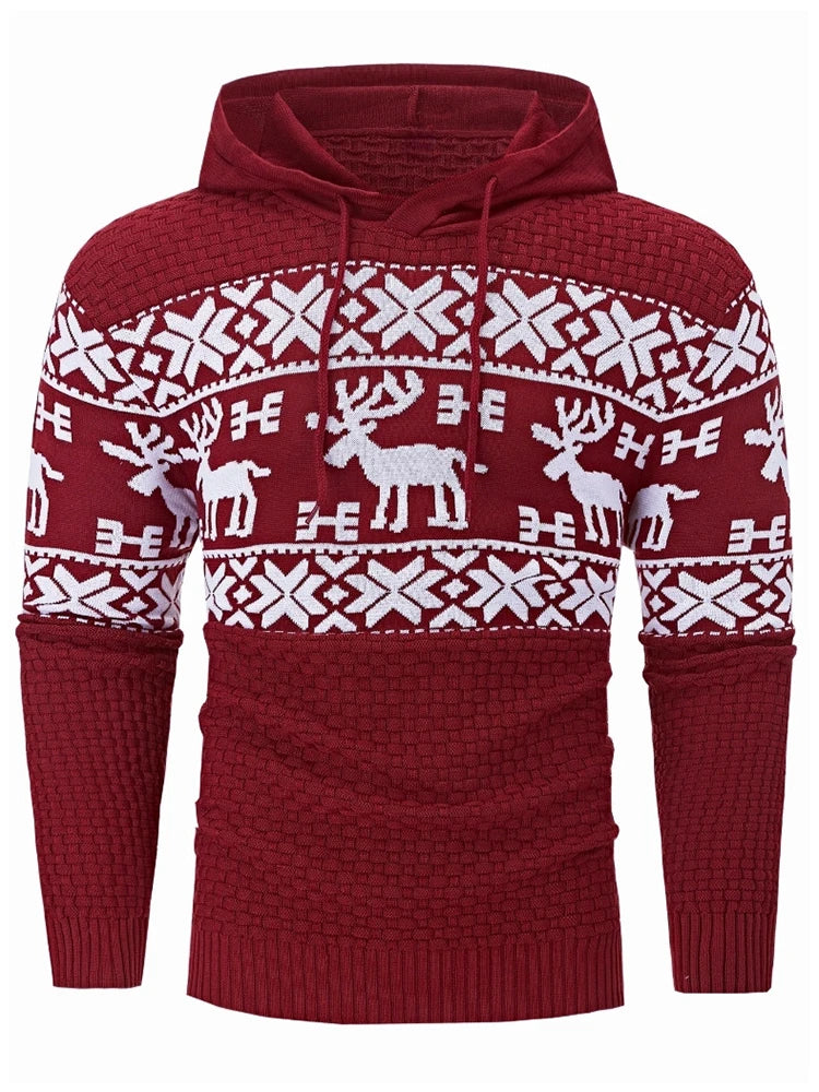 Vintage Graphic Crochet Sweater Mens Hooded Jumper Tops Autumn Winter Christmas Style Sweaters Men Casual Slim Knitted Hoodies