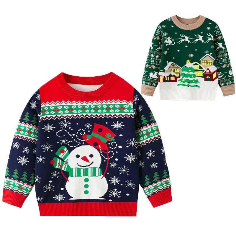 Christmas Girls Boys Sweaters Autumn Winter New Cartoon Snowman Christmas Tree Print Thick Warm Xmas Knit Pullover For 3-7Y Kids