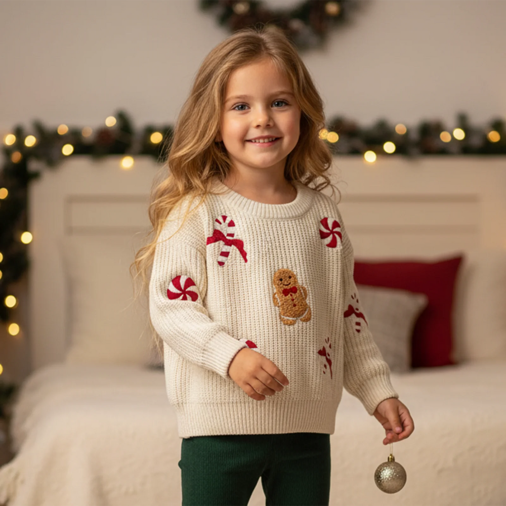 FOCUSNORM 0-3Y Infant Baby Boys Girls Christmas Sweater Candy Gingerbread Man Embroidered Ribbed Long Sleeve Knitted Tops