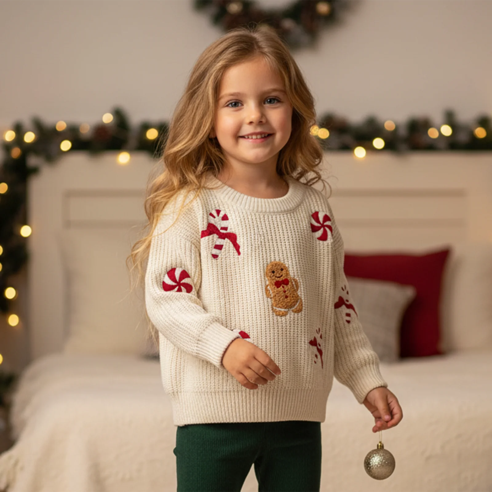 FOCUSNORM 0-3Y Infant Baby Boys Girls Christmas Sweater Candy Gingerbread Man Embroidered Ribbed Long Sleeve Knitted Tops