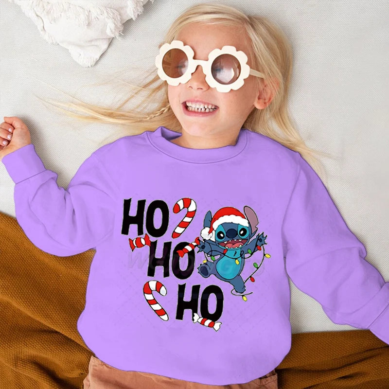 Merry Christmas Clothes Child Girl Boy Stitch Kawaii Cartoon Sweatshirt Ho Ho Ho Christmas Lights Sportswear Children's Clothing