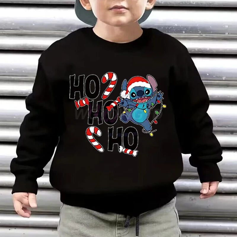 Merry Christmas Clothes Child Girl Boy Stitch Kawaii Cartoon Sweatshirt Ho Ho Ho Christmas Lights Sportswear Children's Clothing
