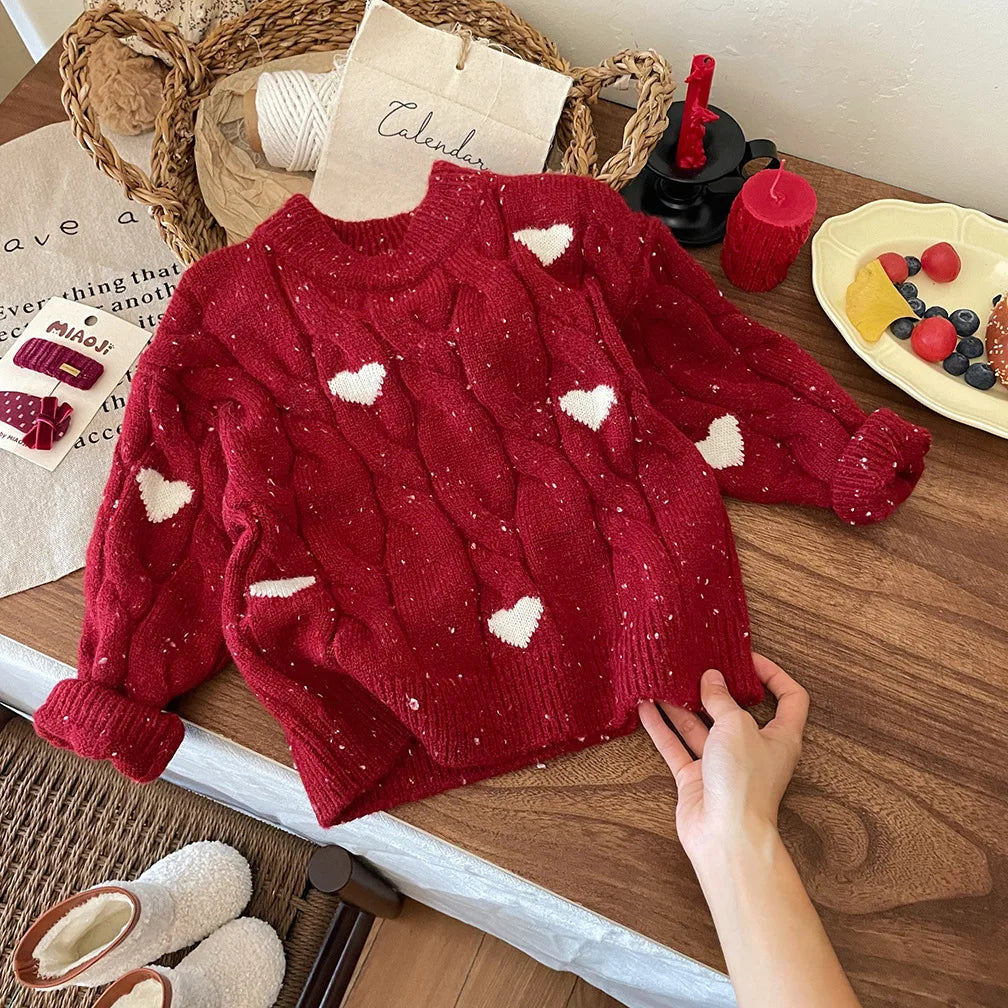 Girls Winter Red Thickened Love Sweater Winter New Baby Girl Korean Style Pullover Sweater Christmas Clothes With Tutu Dress