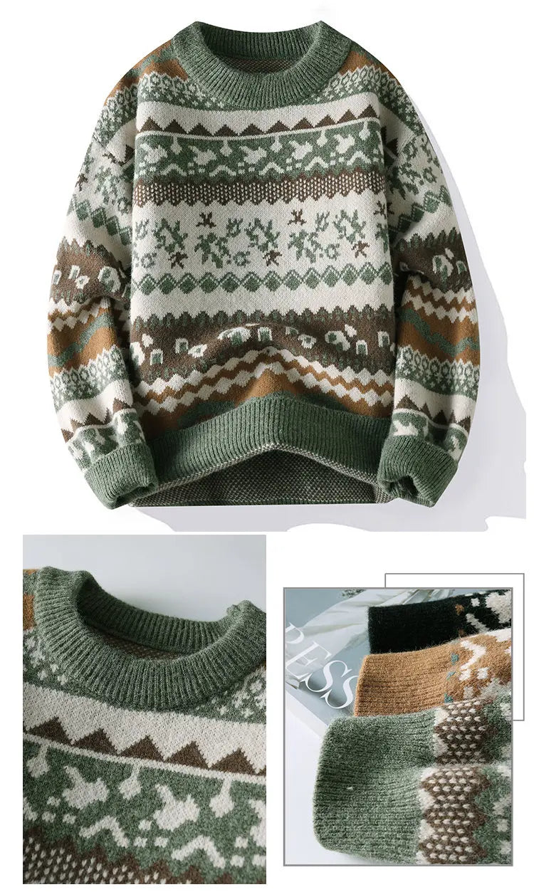 2026 Christmas Sweater Reindeer Pattern Long Sleeve Crew Neck Xmas Holiday Pullover Knitwear Sweater Man Jumper Pullove
