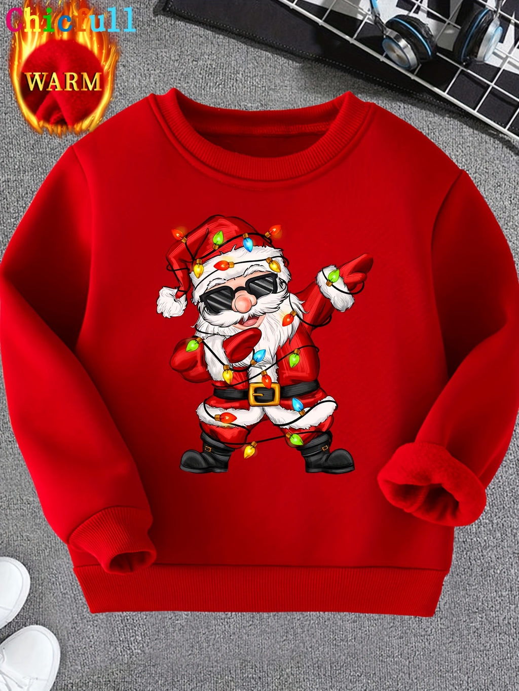Chicfull Boys' Cozy Fleece-Lined Christmas Sweatshirt with Dancing Santa Print - Casual & Stylish for Fall/Winter, WY0108, Thickened